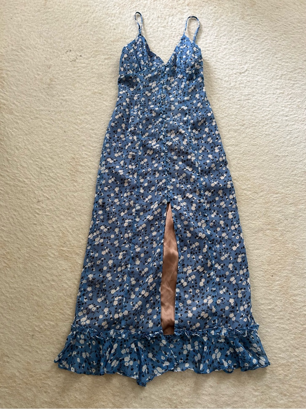 Blue Floral Maxi Dress with Front Slit S